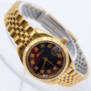 Vintage BAYLOR Women’s 25mm Swiss Quartz Watch 7Jewls Gold Black Diamond Jubilee